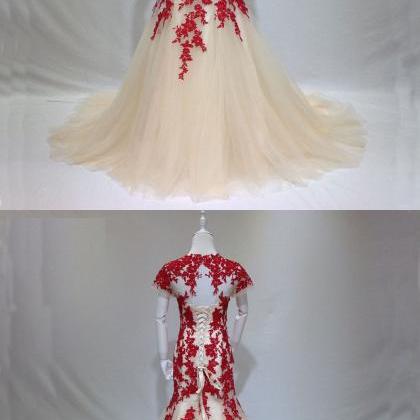 2018 Jewel Neck Red Lace Long Prom Party Dress..
