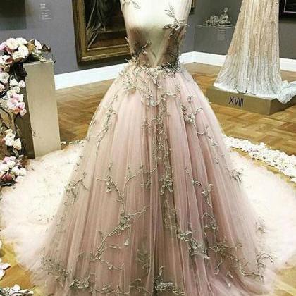 Unique Tulle Applique Long Prom Dress, Formal..