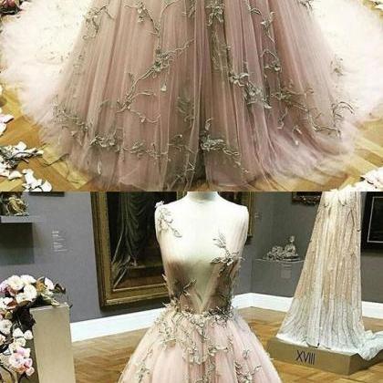 Unique Tulle Applique Long Prom Dress, Formal..