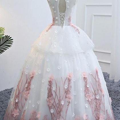 Cute White Round Neck Lace Applique Long Prom..