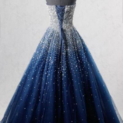 Blue Sweetheart Sequin Tulle Long Prom Dress, Blue..