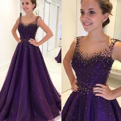 Purple Round Neck Tulle Beads Long Prom Dress,..