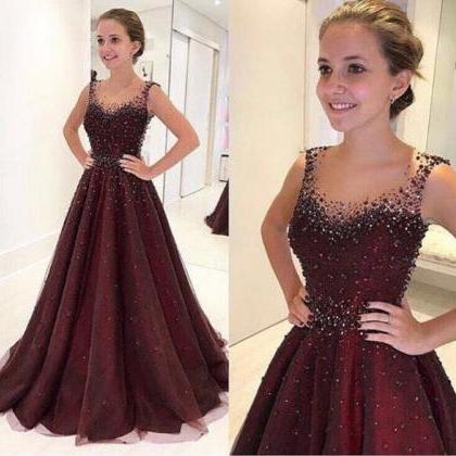 Purple Round Neck Tulle Beads Long Prom Dress,..