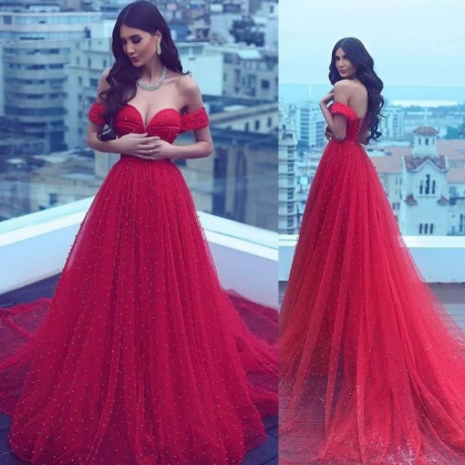 Red Beaded Prom Dress,off The Shoulder Prom..