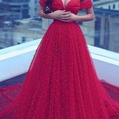 Red Beaded Prom Dress,off The Shoulder Prom..