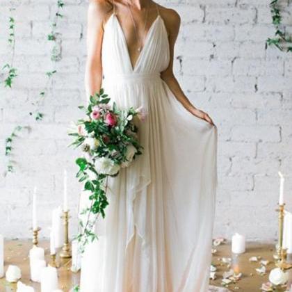 Simple Deep V-neck Wedding Dress,Sweep Train Ivory Wedding Dresses With ...