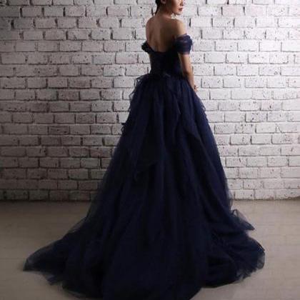 Dark blue tulle long prom dress, of..