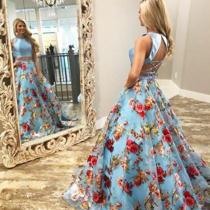 Two Piece Round Neck Floral Blue Satin Prom Dress
