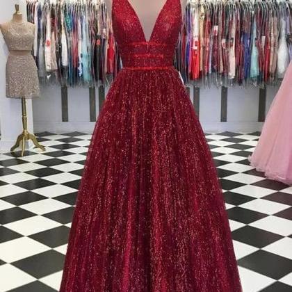 Stunning Red V Neck Sleeveless Prom Dresses Floor..