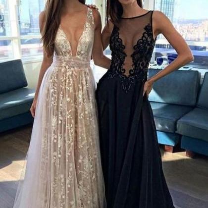 A Line V-neck Backless Long Prom Dresses Sexy..
