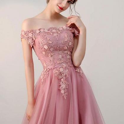 Pink Tulle Lace Short Prom Dress, Pink Tulle Lace..