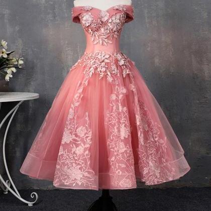 Pink Tulle Lace Off Shoulder Short Prom Dress,..