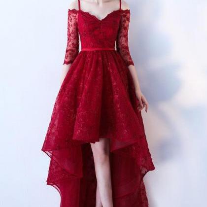 Burgundy Lace Short Prom Dress, Burgundy..