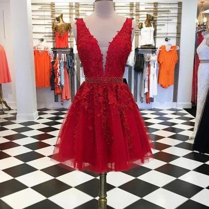 Burgundy V Neck Lace Tulle Short Prom Dress,..
