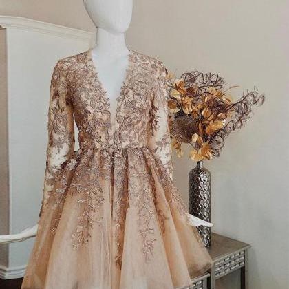 Champagne V Neck Lace Tulle Short Prom Dress,..