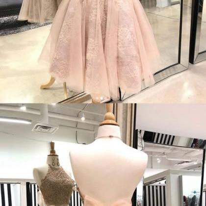 Cute Champagne Tulle Lace Short Prom Dress,..
