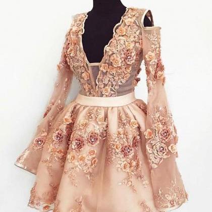 Cute Champagne Lace Applique Short Prom Dress,..