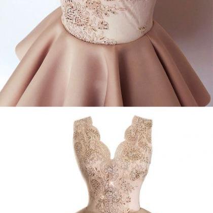 Champagne Lace Satin Short Prom Dress, Lace..