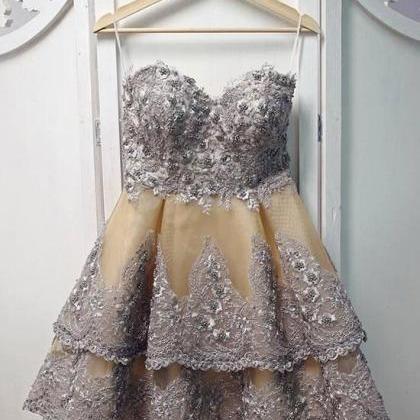 Unique Sweetheart Neck Lace Short Prom Dress, Gray..