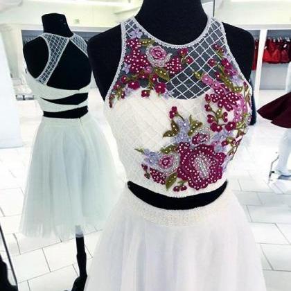 White Round Neck Two Pieces Beads Short Prom..