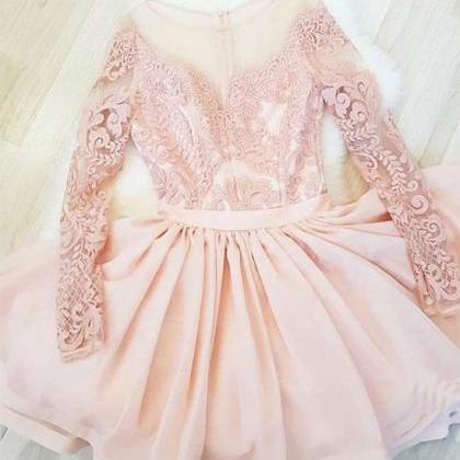 Pink Round Neck Lace Short Prom Dress, Pink..