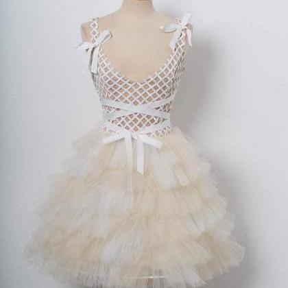 Champagne Tulle Short Prom Dress. Champagne..