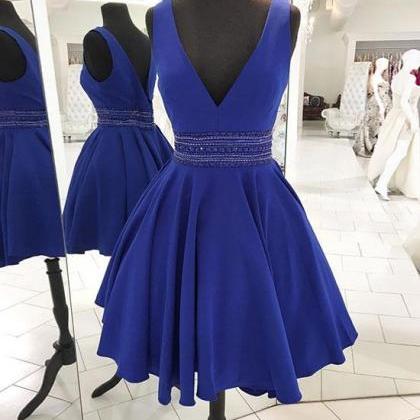 Blue V Neck Satin Short Prom Dress, Blue..