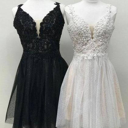 Cute V Neck Lace Tulle Short Prom Dress,..