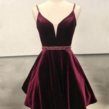 Simple V Neck Velvet Short Burgundy Prom Dress,..