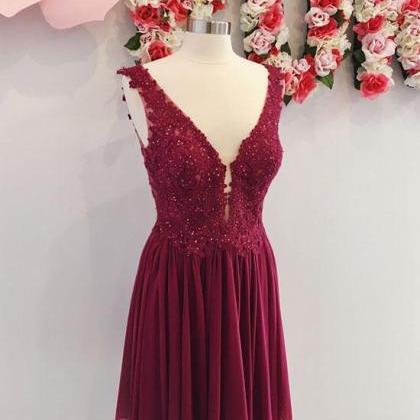 Burgundy V Neck Chiffon Lace Short Prom Dress,..