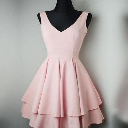 Simple V Neck Pink Short Prom Dress, Cute Pink..