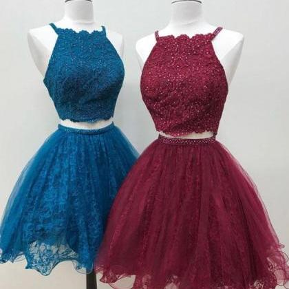 Cute Two Pieces Lace Tulle Beads Short Prom Dress,..