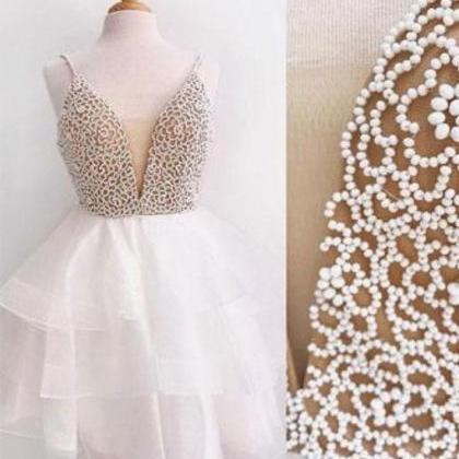 White V Neck Tulle Beads Short Prom Dress, White..