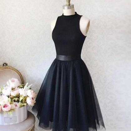 Black Tulle Simple Short Prom Dress, Black..