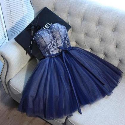 Blue Sweetheart Tulle Lace Short Prom Dress,..