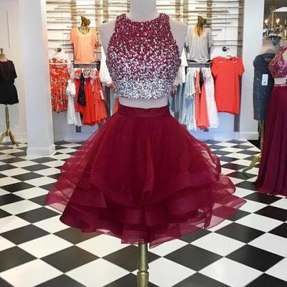 Burgundy Two Pieces Sequin Tulle Short Prom Dress,..
