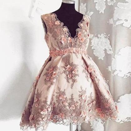 Pink V Neck Lace Short Prom Dress, Pink Homecoming..