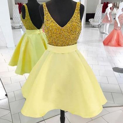 Yellow V Neck Sequin Short Prom Dress, Homecoming..