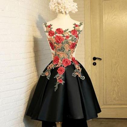 Black Round Neck Lace Applique Short Prom Dress,..