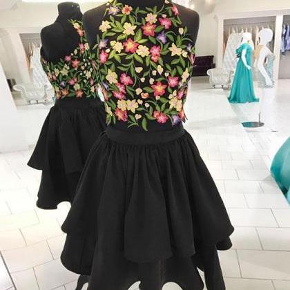 Black Two Pieces Applique Short Prom Dress,..