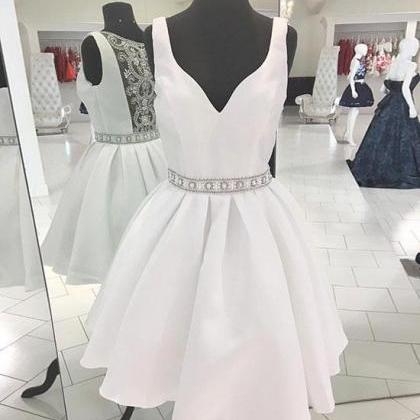 White V Neck Beads Short Prom Dress, White..
