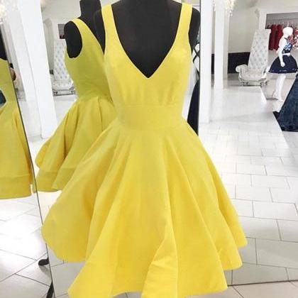 Yellow V Neck Satin Short Prom Dress, Yellow..