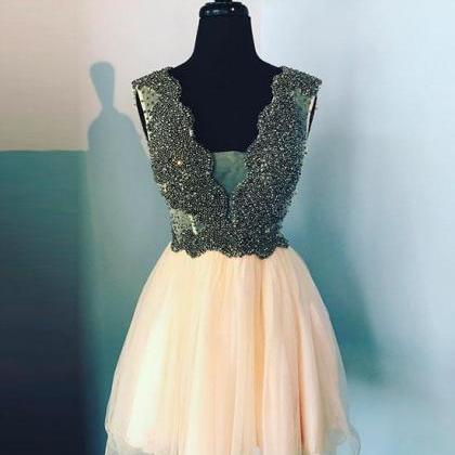 Cute V Neck Champagne Tulle Beads Short Prom..