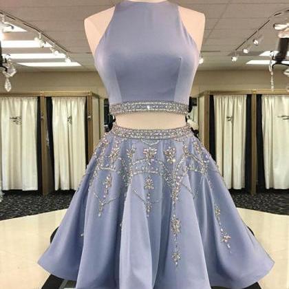 Blue Two Pieces Beads Sequin Short Prom Dress,..