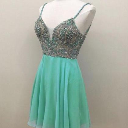 Green V Neck Sequin Beads Short Prom Dress, Green..