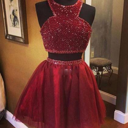 Burgundy Two Pieces Sequin Short Prom Dress,..