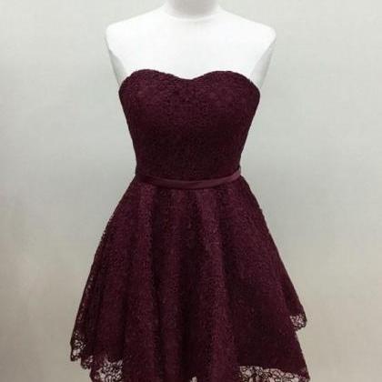 Cute Burgundy Lace Short Prom Dress, Burgundy..