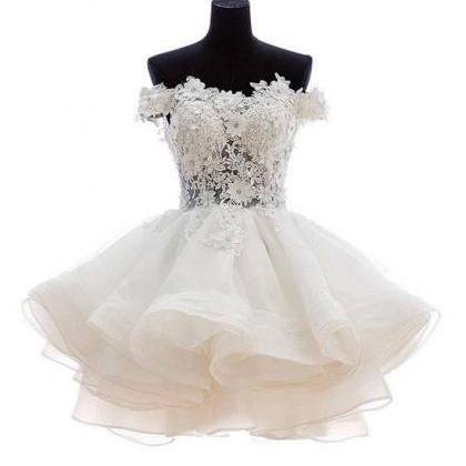 White Sweetheart Lace Applique Short Prom Dress,..