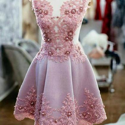 Cute Pink Lace Short Prom Dress, Homecoming Dress
