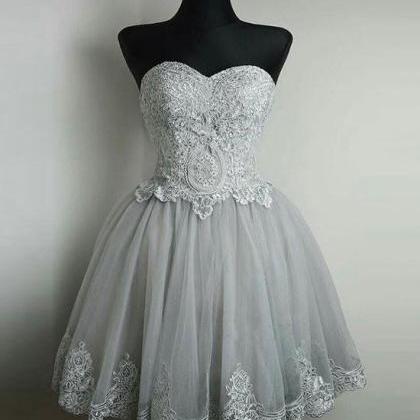 Cute Gray Tulle Lace Short Prom Dress, Gray..